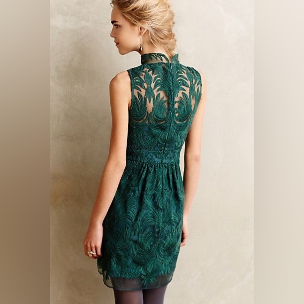 Anthropologie Yonna Baraschi Emerald Green Embroidered Dress